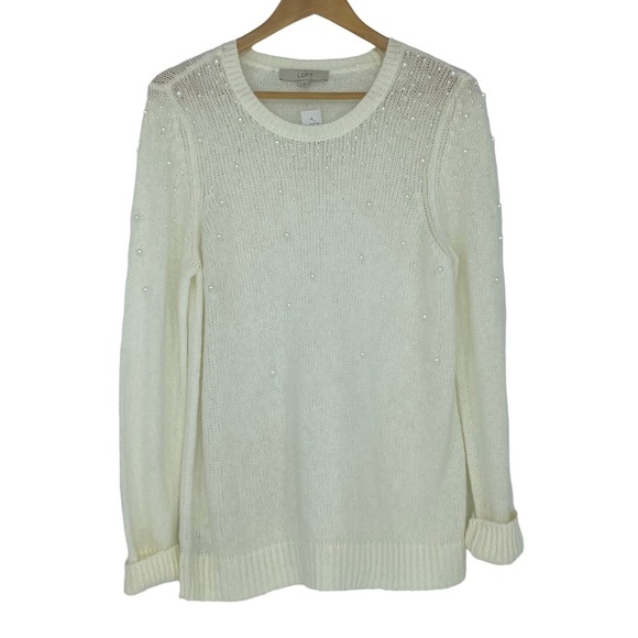 NWT LOFT cream pearl beaded embellished crew neck soft sweater wms sz Lg - Picture 1 of 8
